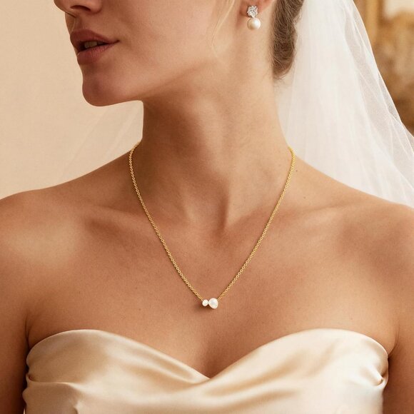 Women's 2 Gold Pearl Necklace 14k Gold Plated Dainty Pearl Necklace Choker - Picture 3 of 6